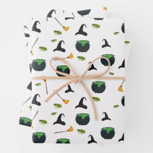 Witch Hat Broom Caldron Halloween Pattern Wrapping Paper Sheets