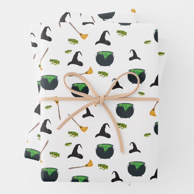Witch Hat Broom Caldron Halloween Pattern Wrapping Paper Sheets (In situ)