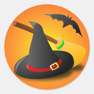 Witch Hat Broom Orange Gradient Classic Round Sticker