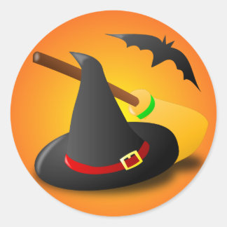 Witch Hat Broom Orange Gradient Classic Round Sticker