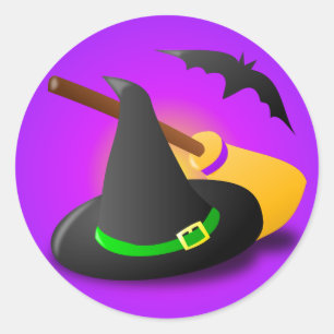 Witch Hat Broom Purple Gradient Classic Round Sticker