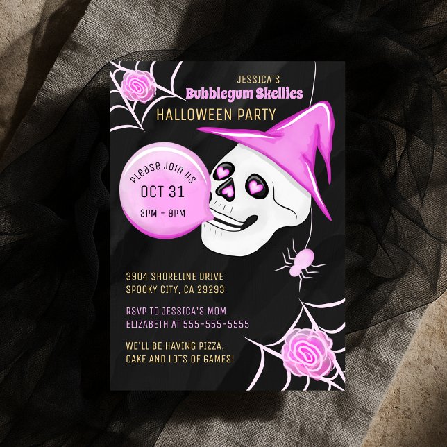 Witch Hat Bubblegum Skellies Halloween Party Invitation (PINK AND BLACK BUBBLEGUM SKELLIES HALLOWEEN PARTY INVITATION)