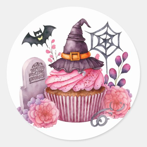 Witch hat cake Halloween flowers Classic Round Sticker
