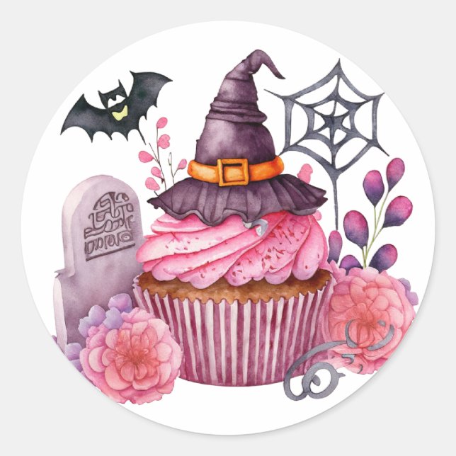 Witch hat, cake, Halloween flowers Classic Round Sticker (Front)