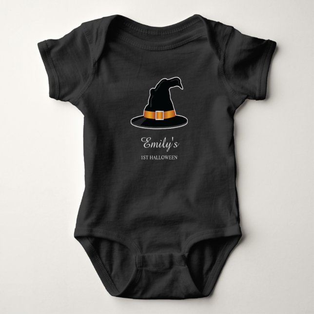 Witch Hat Child's First Halloween With Any Name Baby Bodysuit (Front)