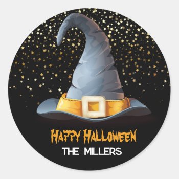 Witch Hat Halloween  Classic Round Sticker by ThreeFoursDesign at Zazzle