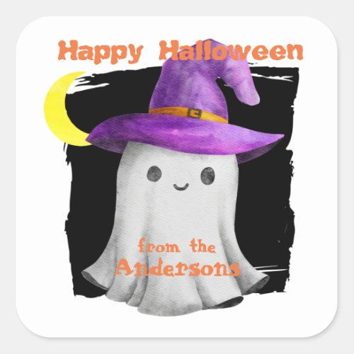 Witch Hat Happy Ghost Kids Halloween Square Sticker