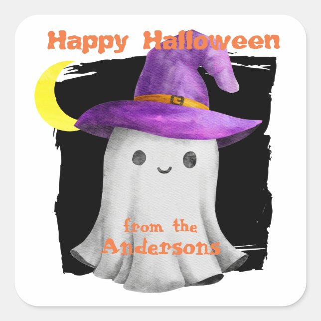 Witch Hat Happy Ghost Kids Halloween Square Sticker (Front)