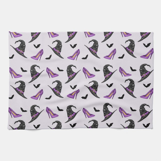Witch Hat Lilac Heels With Bats Halloween Pattern Kitchen Towel (Horizontal)