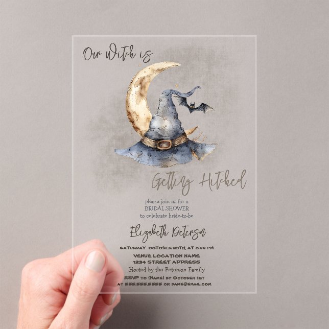 Witch Hat Moon Halloween Dark Bridal Shower Acrylic Invitations (Insitu (Handheld))