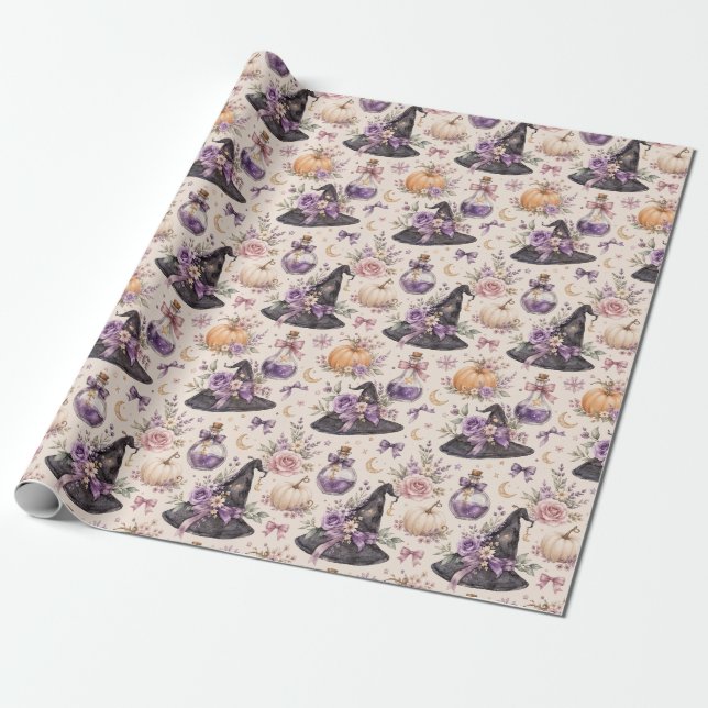Witch Hat Potion Pumpkin Watercolor Halloween Gift Wrapping Paper (Unrolled)