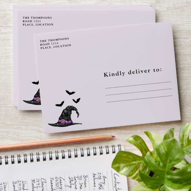 Witch Hat Purple Shoes And Bats Lilac Halloween Envelope (Stacked)