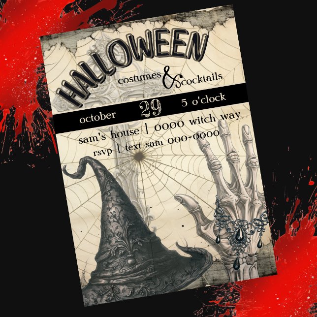 Witch Hat | Skeleton Hand | Spider Web Halloween Invitation (Spooky cocktails and costumes Halloween party invitation with witch hat and spider webs. )