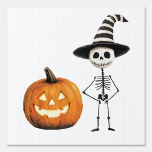Witch Hat Skeleton & Pumpkin Halloween Yard Sign