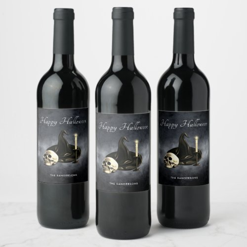 Witch Hat Skull Candle Halloween Personalized Wine Label