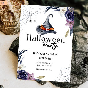 Witch Hat & Spiderweb Watercolor Halloween Party Invitation