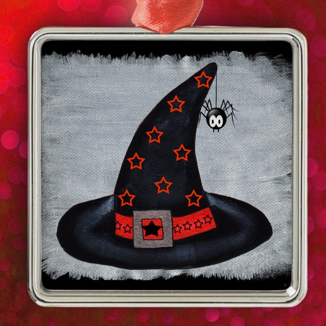 Witch Hat Stars Cute Spider Metal Ornament (Black Witch hat orange stars silver buckle cute spider on Halloween hanging ornament.)
