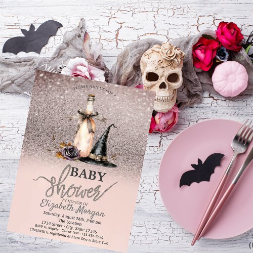 Witch Hat Wine Rose Glitter Bokeh Baby Shower Invitation