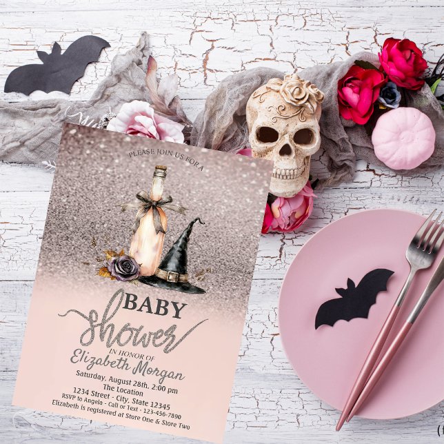 Witch Hat Wine Rose Glitter Bokeh Baby Shower Invitation (Creator Uploaded)