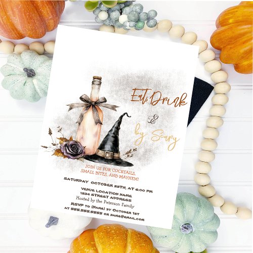 Witch Hat Wine Roses Costumes  Cocktail Halloween Invitation