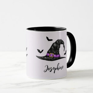 Witch Hat With Flying Bats And Name Halloween Mug