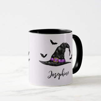 Witch Hat With Flying Bats And Name Halloween Mug