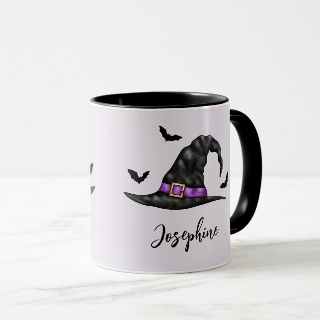 Witch Hat With Flying Bats And Name Halloween Mug (Front Right)