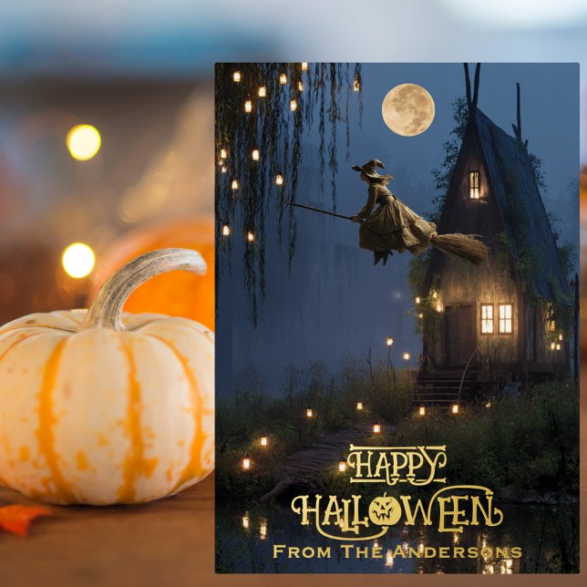 Witch Haunted House Spooky Forest Halloween Photo Foil Holiday Card (Creator Uploaded)