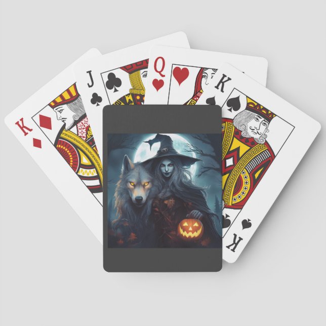 Witch Her Wolf And A Jack O Lantern With A Moon  Poker Cards (Back)