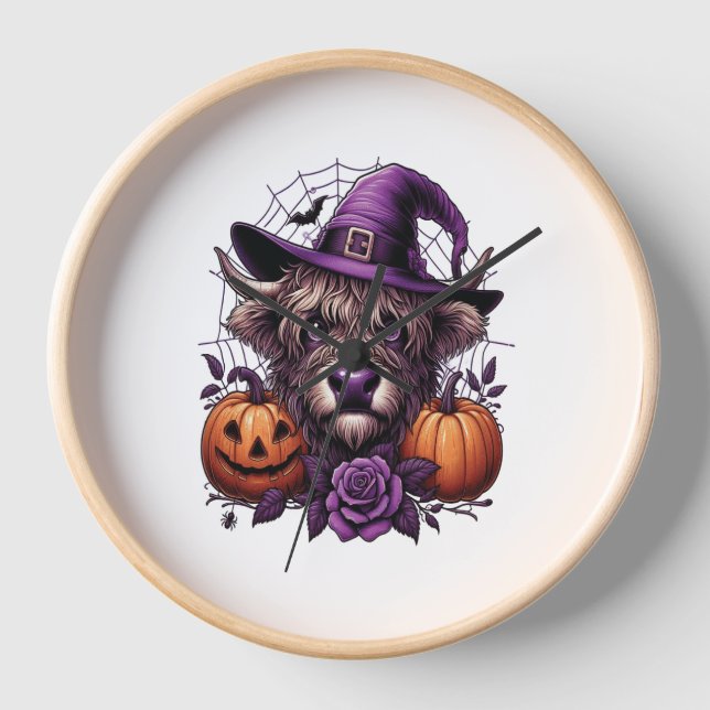 Witch Highland Halloween Cow Clock (Front)