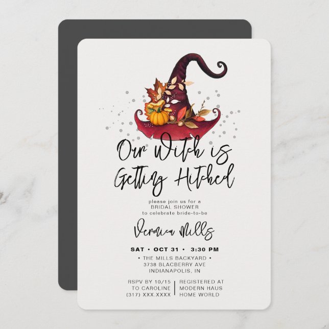 Witch Hitched Gray Halloween Bridal Shower Invitat Invitation (Front/Back)