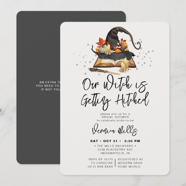 Witch Hitched Gray Halloween Bridal Shower Invitation (Front/Back)