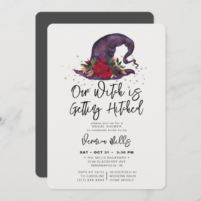 Witch Hitched Gray Halloween Bridal Shower Invitation (Front/Back)