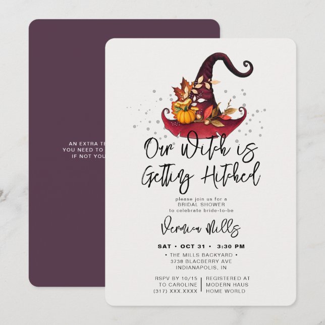 Witch Hitched Purple Halloween Bridal Shower Invitation (Front/Back)