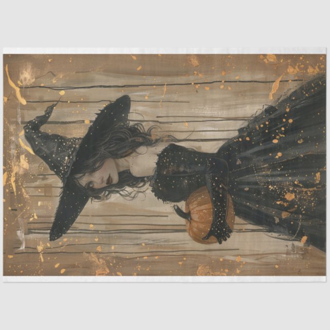 Witch Holding a Pumpkin Decoupage Tissue Paper (Front)