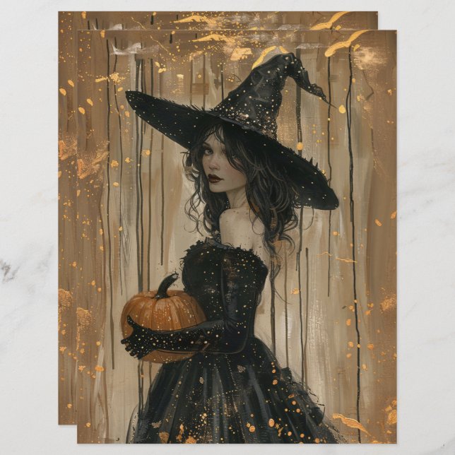 Witch Holding a Pumpkin Scrapbook Paper (Front/Back)