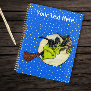 Witch Holding Hat Flying on Broom Past Full Moon Planner