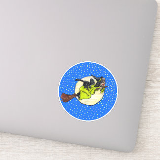 Witch Holding Hat Flying Past Moon on Broom Cat Sticker