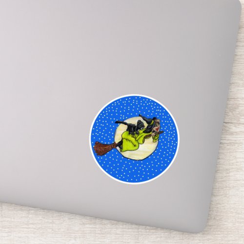 Witch Holding Hat Flying Past Moon on Broom Cat Sticker