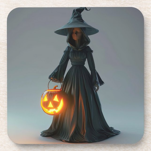 Witch holding jack-o-lantern beverage coaster (Front)