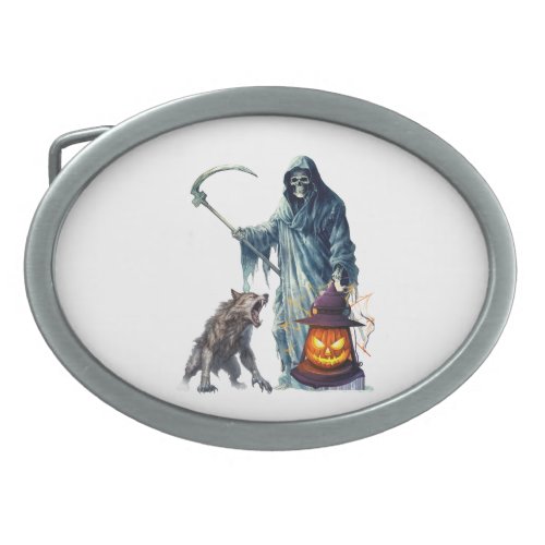 witch holding lantern and wolf belt buckle