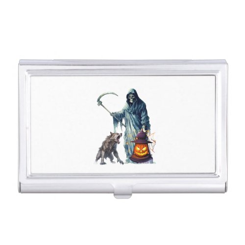 witch holding lantern and wolf business card case