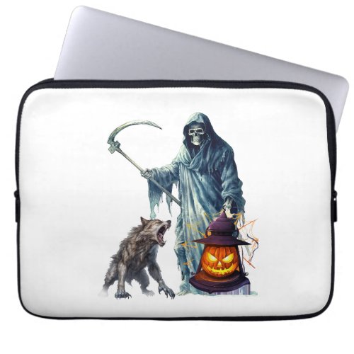 witch holding lantern and wolf laptop sleeve