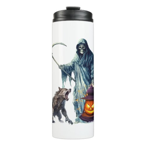 witch holding lantern and wolf thermal tumbler