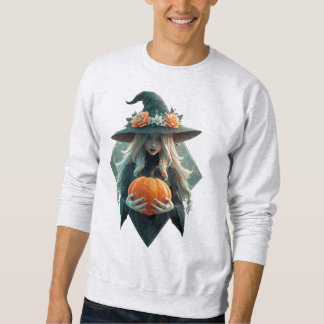 Witch holding pumpkin with Floral Witch Hat Sweatshirt