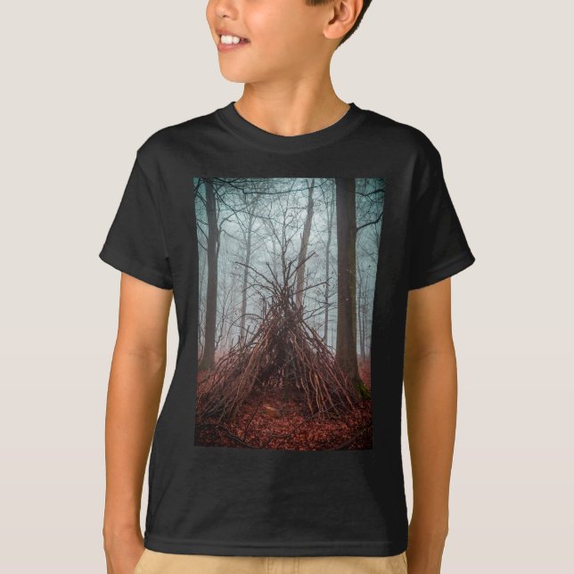 Witch house in the forest with fog T-Shirt (Front)