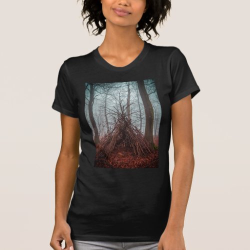 Witch house in the forest with fog T_Shirt