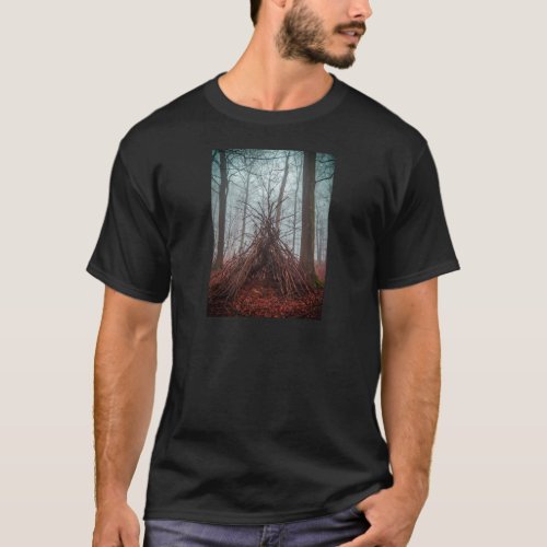 Witch house in the forest with fog T_Shirt