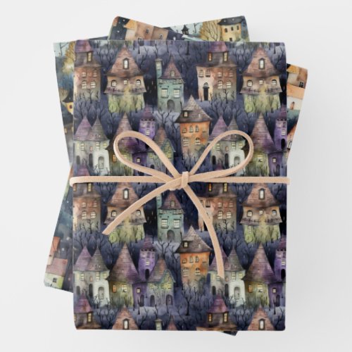 WITCH HOUSES HALLOWEEN GIFT WRAPPING PAPER SHEETS