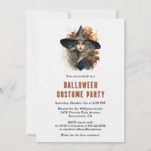 Witch In a Hat Black Cat Halloween Costume Party Invitation
